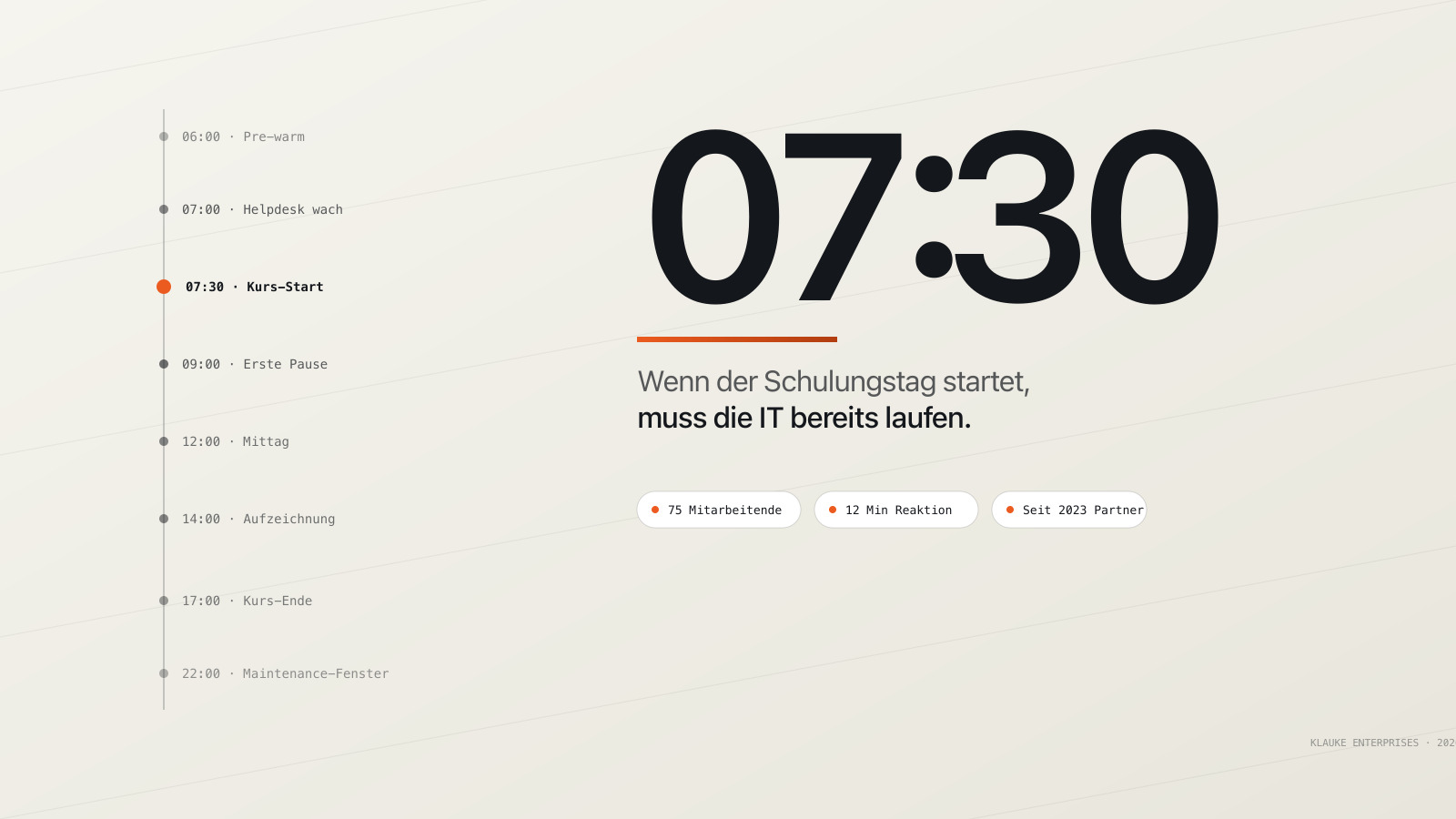 Schulungstag-Timeline mit 07:30 als Kurs-Start